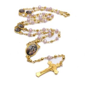 QIGO Crystal Rosary Necklace For Women Long Gold Cross Pendant Religious Jewelry (Color: Pink)