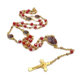 QIGO Crystal Rosary Necklace For Women Long Gold Cross Pendant Religious Jewelry (Color: Red)